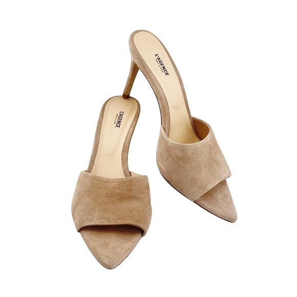 L'Agence Womens Lolita Suede Open Toe Mules EU39 Tan Stiletto Heel Pointed Toe - Picture 2 of 12